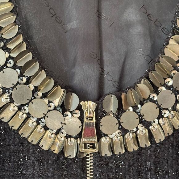 Bebe Women's Beaded Black & Gold Fitted Tweed Zip Up Blazer Size 6 - Picture 9 of 9